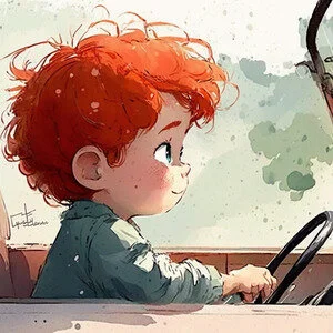 Max conduciendo, ilustración del cuento infantil de informática