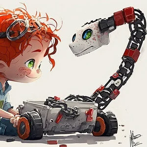 Max Construyendo un robot serpiente- El protagonista del cuento infantil de informática